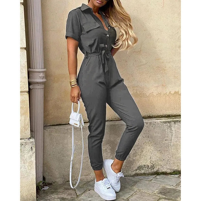 Women's Monochromatic Belt Workwear Jumpsuit, Casual Pants, Flip Collar, Buckle, European and American, Summer,2025