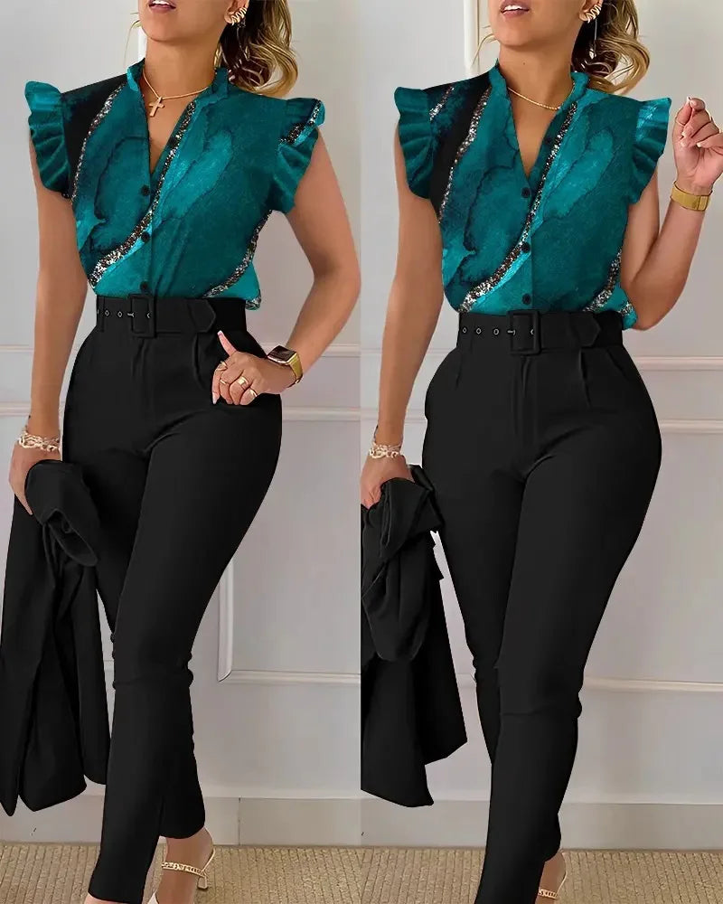 Elegant Women Two Piece Set Suits New Fashion Printed Ruffle Sleeve Top Solid Color Pants Set With Belt Blouses Female Clothing