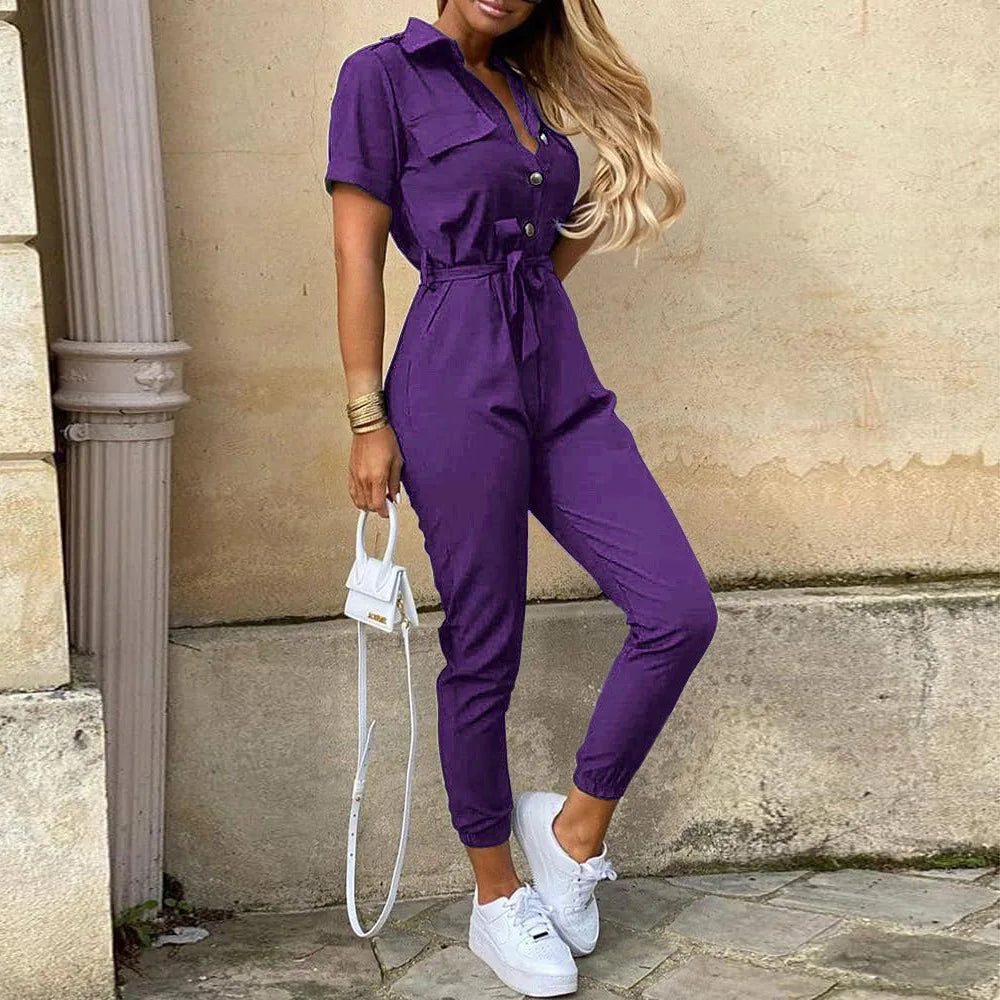 Women's Monochromatic Belt Workwear Jumpsuit, Casual Pants, Flip Collar, Buckle, European and American, Summer,2025