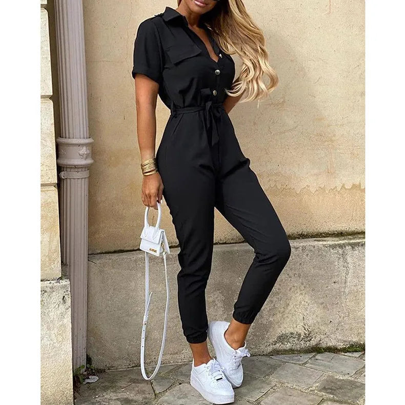 Women's Monochromatic Belt Workwear Jumpsuit, Casual Pants, Flip Collar, Buckle, European and American, Summer,2025