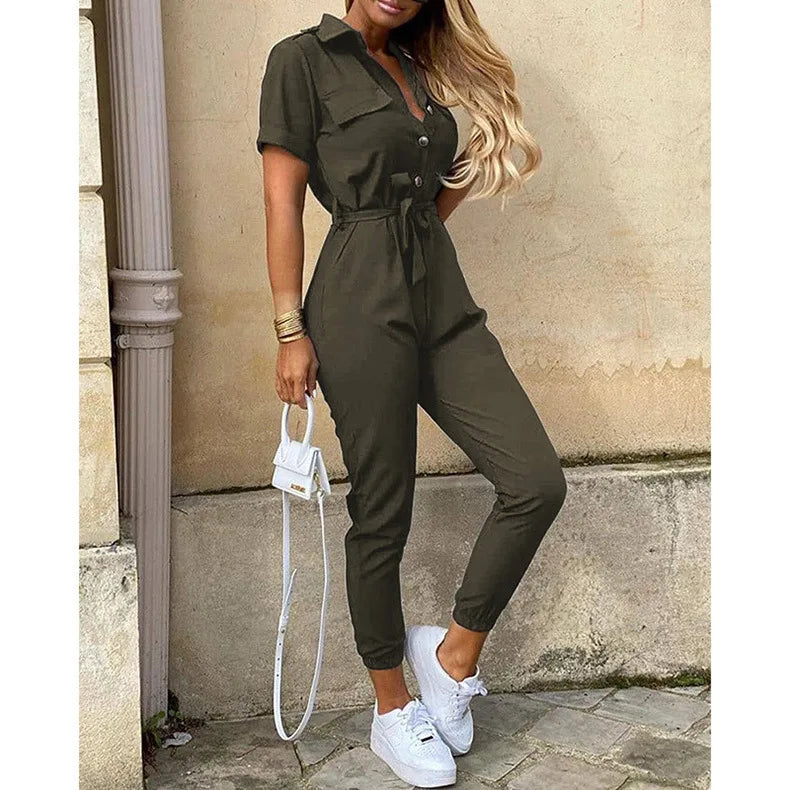 Women's Monochromatic Belt Workwear Jumpsuit, Casual Pants, Flip Collar, Buckle, European and American, Summer,2025