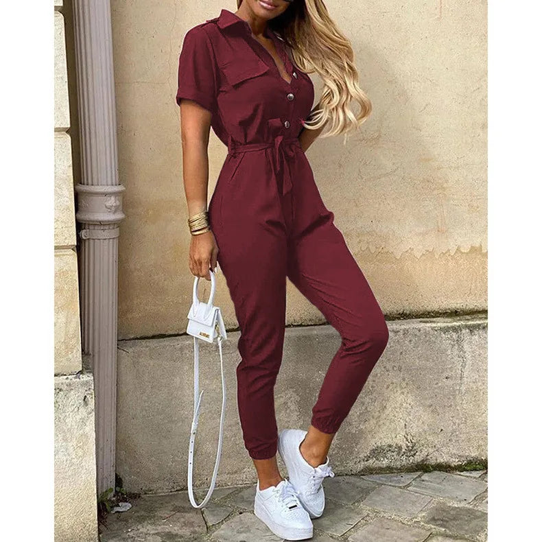 Women's Monochromatic Belt Workwear Jumpsuit, Casual Pants, Flip Collar, Buckle, European and American, Summer,2025