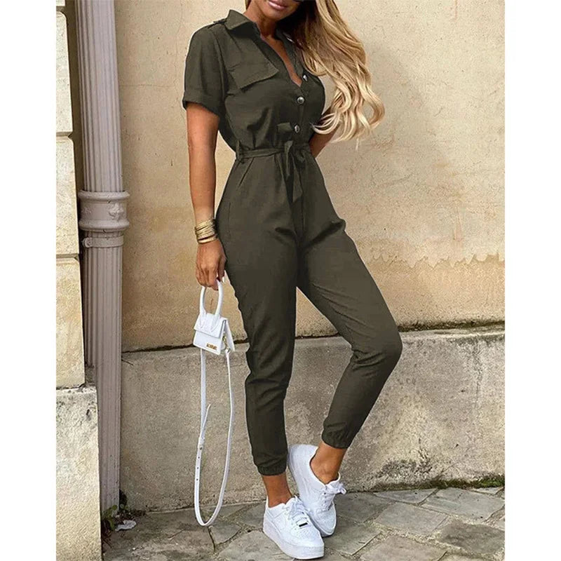 Women's Monochromatic Belt Workwear Jumpsuit, Casual Pants, Flip Collar, Buckle, European and American, Summer,2025