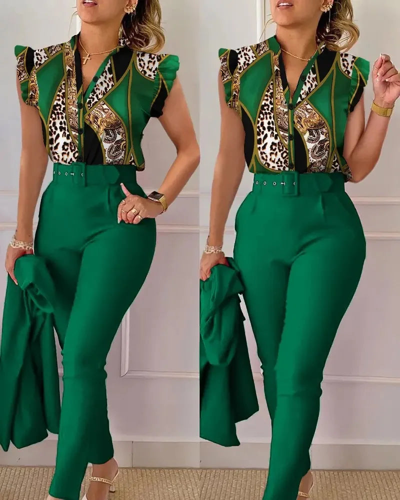 Elegant Women Two Piece Set Suits New Fashion Printed Ruffle Sleeve Top Solid Color Pants Set With Belt Blouses Female Clothing