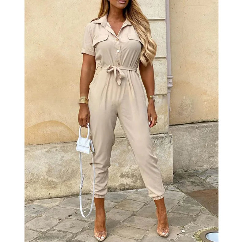 Women's Monochromatic Belt Workwear Jumpsuit, Casual Pants, Flip Collar, Buckle, European and American, Summer,2025