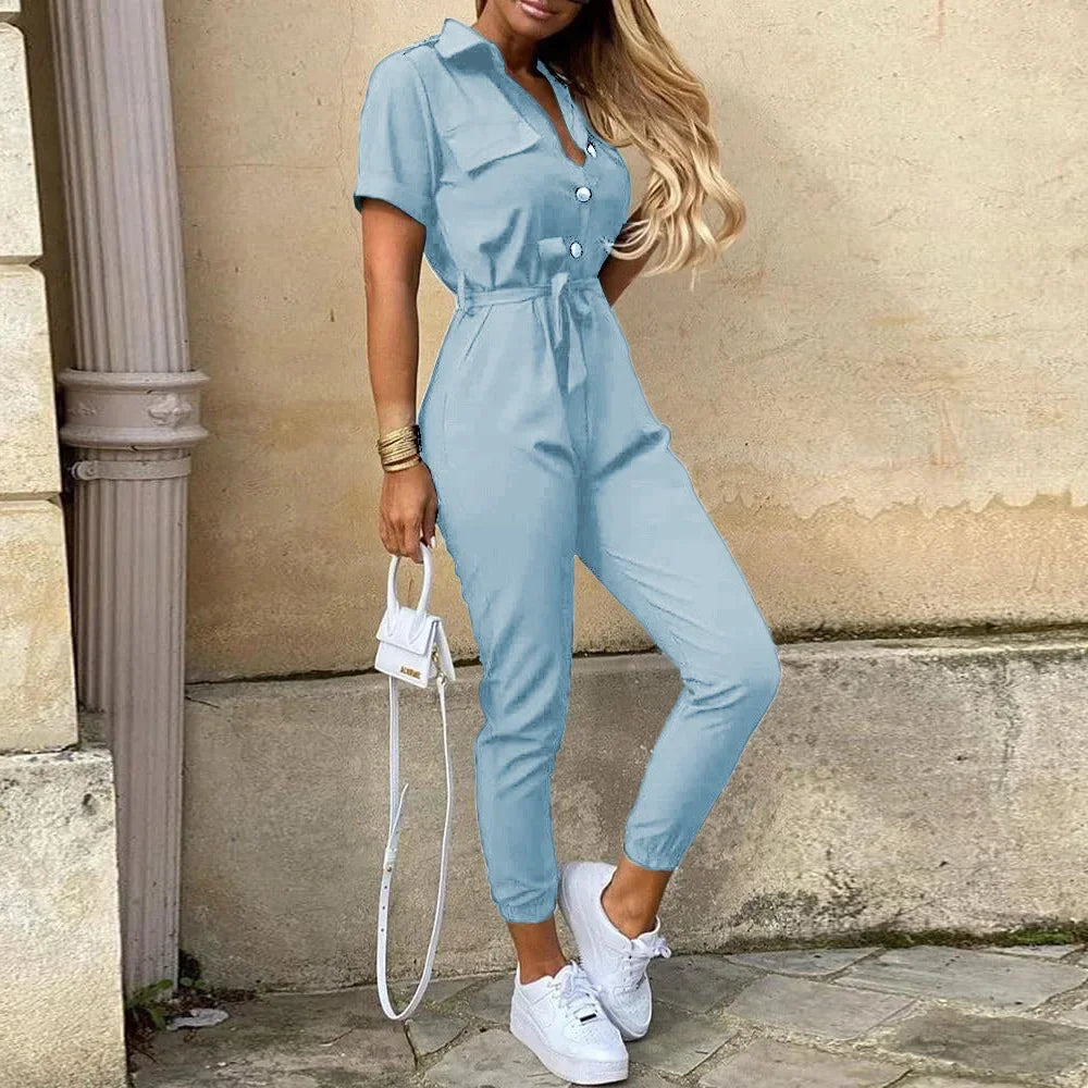 Women's Monochromatic Belt Workwear Jumpsuit, Casual Pants, Flip Collar, Buckle, European and American, Summer,2025