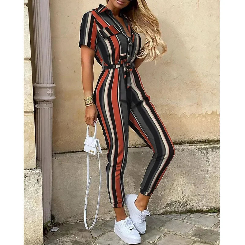Women's Monochromatic Belt Workwear Jumpsuit, Casual Pants, Flip Collar, Buckle, European and American, Summer,2025