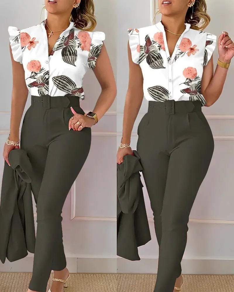 Elegant Women Two Piece Set Suits New Fashion Printed Ruffle Sleeve Top Solid Color Pants Set With Belt Blouses Female Clothing