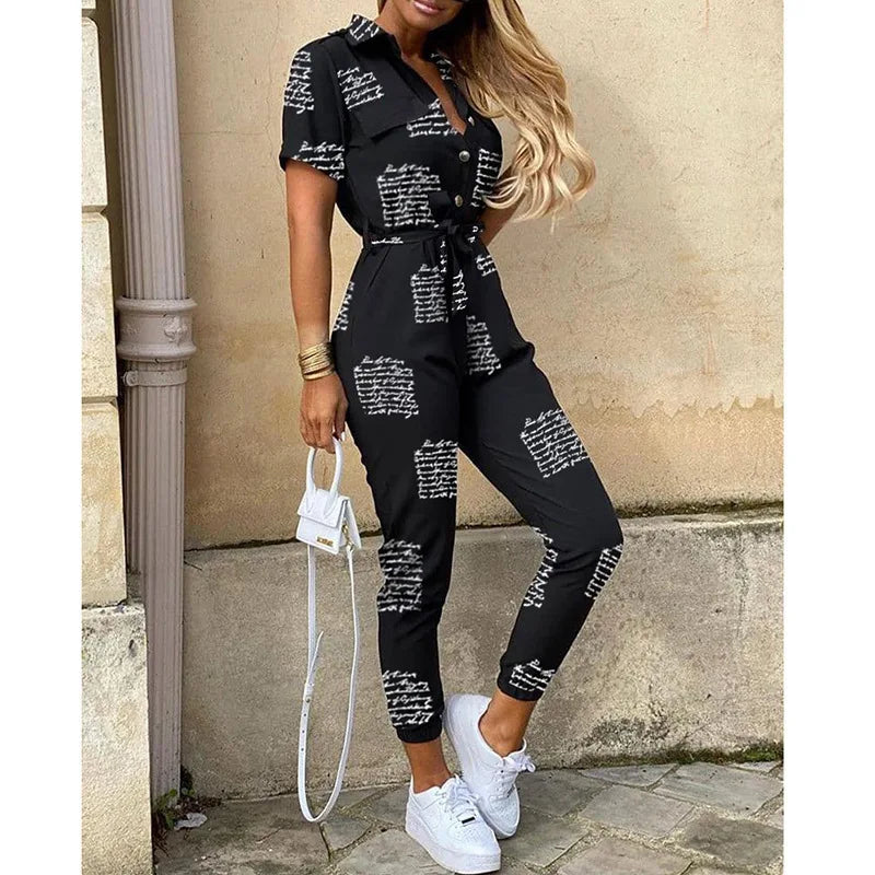 Women's Monochromatic Belt Workwear Jumpsuit, Casual Pants, Flip Collar, Buckle, European and American, Summer,2025