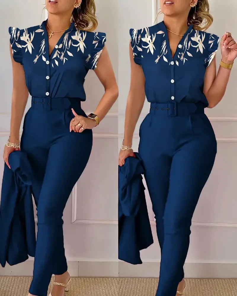 Elegant Women Two Piece Set Suits New Fashion Printed Ruffle Sleeve Top Solid Color Pants Set With Belt Blouses Female Clothing