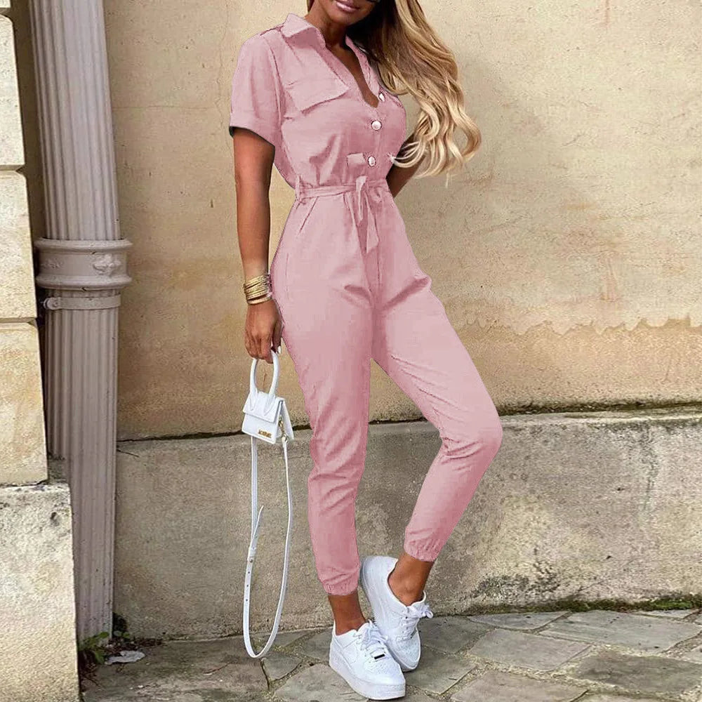 Women's Monochromatic Belt Workwear Jumpsuit, Casual Pants, Flip Collar, Buckle, European and American, Summer,2025