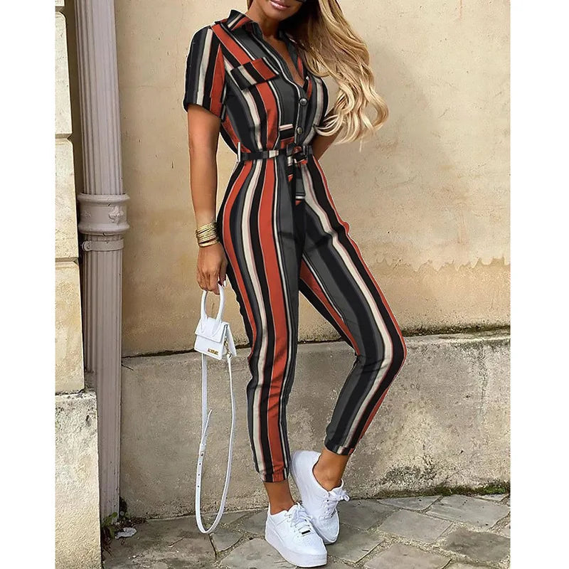 Women's Monochromatic Belt Workwear Jumpsuit, Casual Pants, Flip Collar, Buckle, European and American, Summer,2025