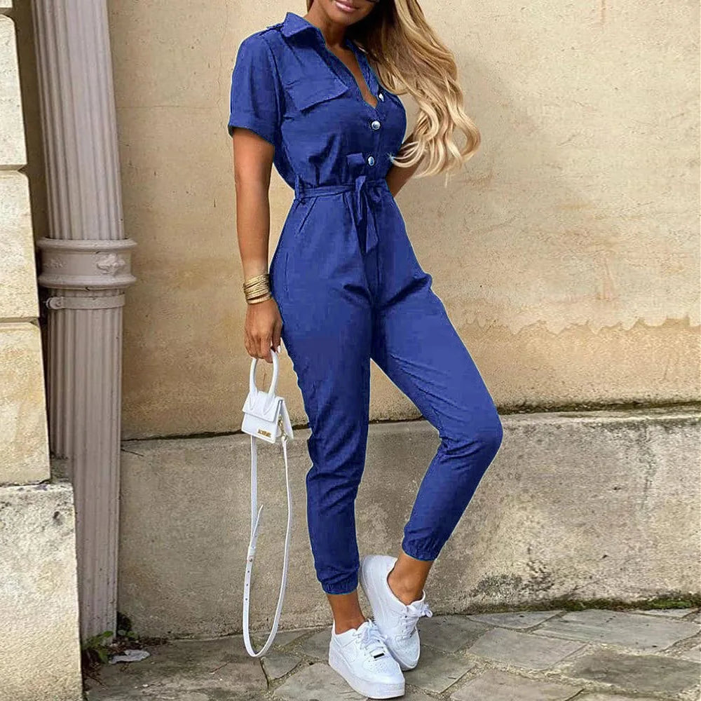 Women's Monochromatic Belt Workwear Jumpsuit, Casual Pants, Flip Collar, Buckle, European and American, Summer,2025