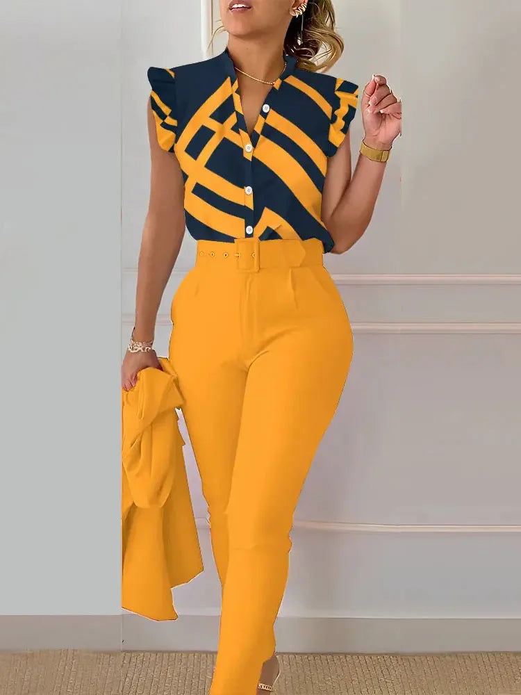 Elegant Women Two Piece Set Suits New Fashion Printed Ruffle Sleeve Top Solid Color Pants Set With Belt Blouses Female Clothing