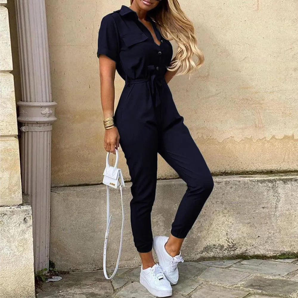 Women's Monochromatic Belt Workwear Jumpsuit, Casual Pants, Flip Collar, Buckle, European and American, Summer,2025