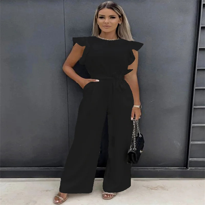 2025 Summer European and American Jumpsuit Women's Casual Pants Ruffled Strap Jumpsuit