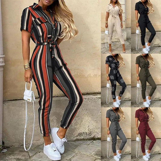 Women's Monochromatic Belt Workwear Jumpsuit, Casual Pants, Flip Collar, Buckle, European and American, Summer,2025